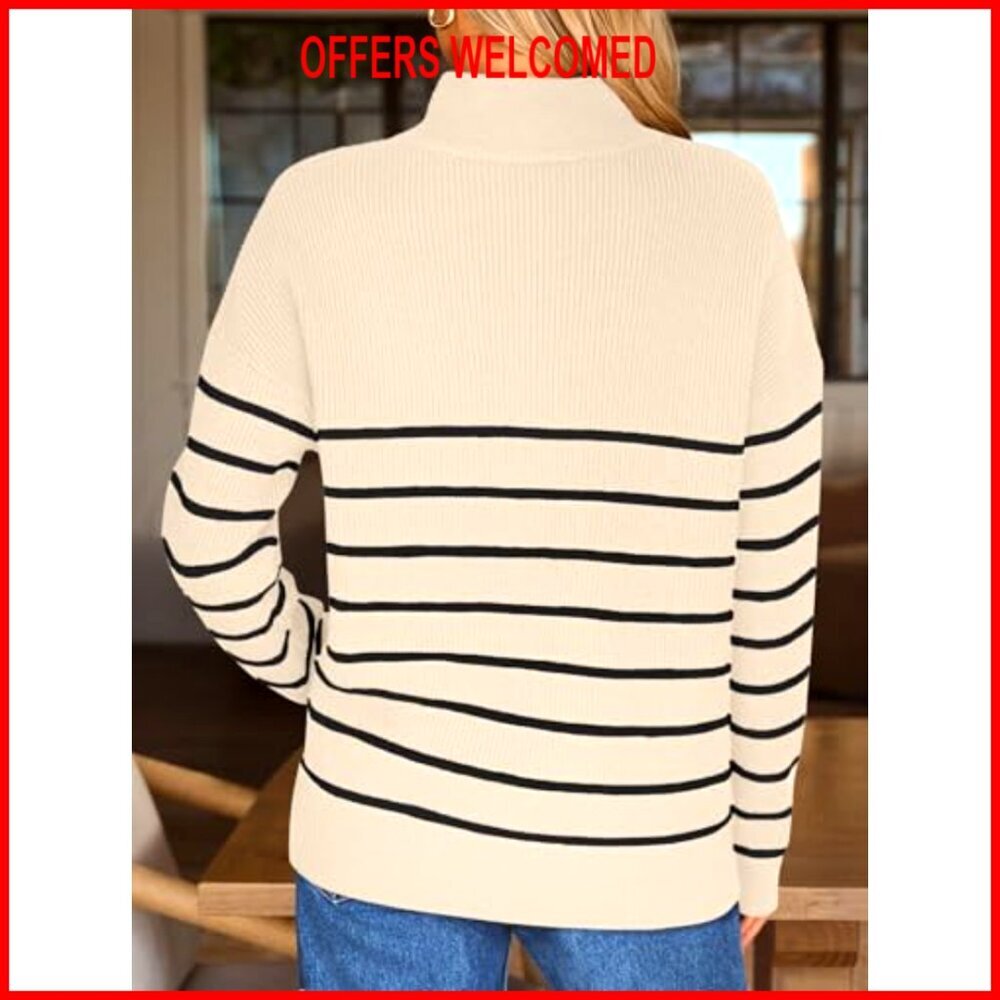 Quarter Zip Striped Oversized Sweater Mock Turtleneck Pullover - Picture 4 of 7